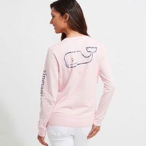 Women's Pink Vineyard Vine Logo Longsleeve Whale Pocket Tee